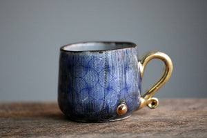 Aged Blue Grey glossy mug 5 oz with 22 k gold handle and accents